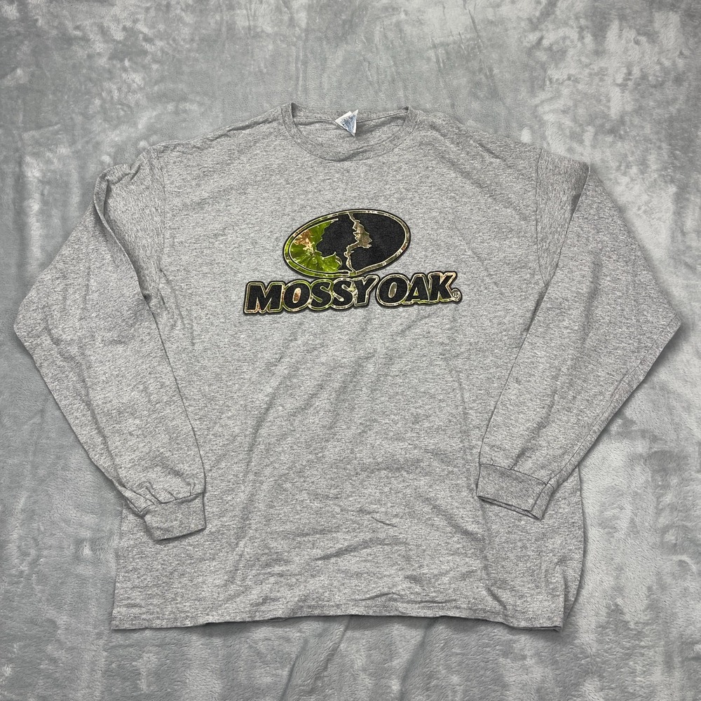 Vintage Mossy Oak T-Shirt Mens Large Gray Camo Logo Hunting Long Sleeve Pullover